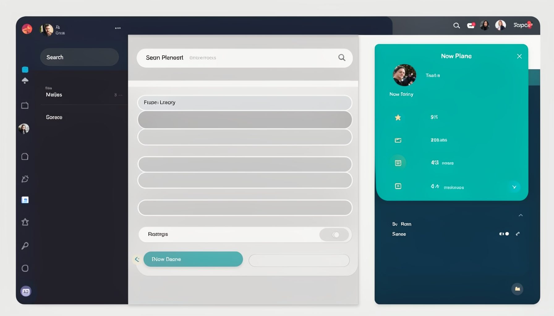 Clean dashboard-style interface mockup with a dark sidebar, search bar, track list with rounded rows, and a now-playing panel in teal and navy tones